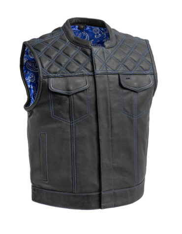 Mens Club Style Leather Vest (Black/Blue)