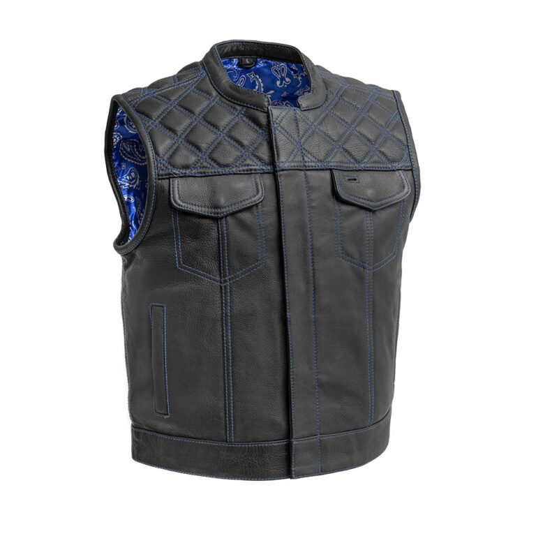 Mens Club Style Leather Vest (Black/Blue)