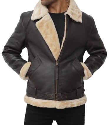 Mens Dark Brown Leather Shearling Bomber Jacket