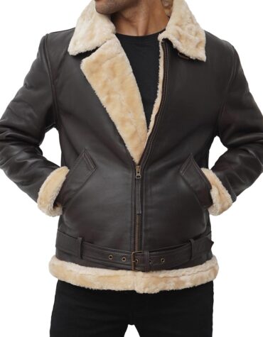  Mens Dark Brown Leather Shearling Bomber Jacket