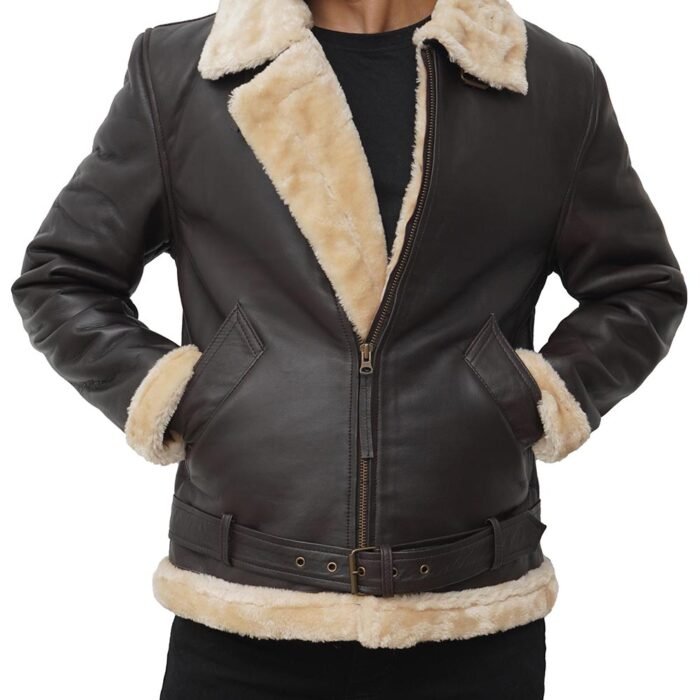  Mens Dark Brown Leather Shearling Bomber Jacket