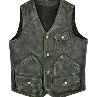 Mens Distressed Green Leather Hunter Vest
