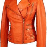 Sunsation Women's Orange Genuine Lambskin Biker Jacket