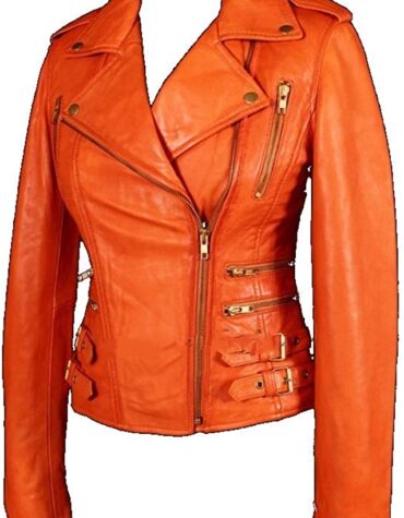 Womens Orange Colour Genuine Lambskin Biker Motorcycle Leather Jacket