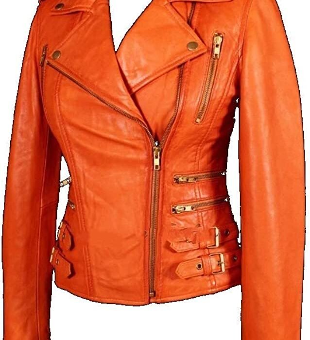 Womens Orange Colour Genuine Lambskin Biker Motorcycle Leather Jacket