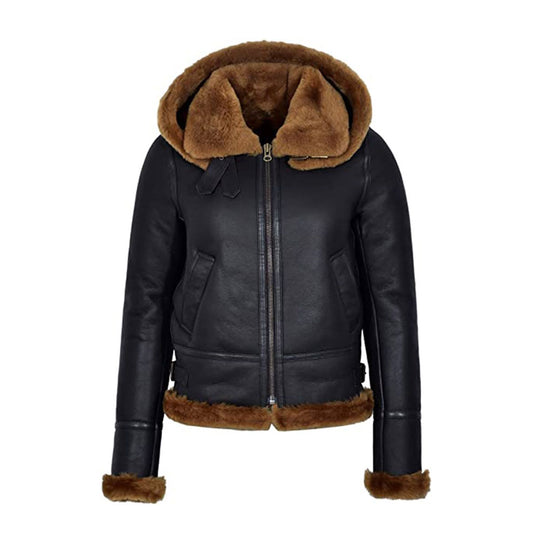 Shop Women's Black Hooded B3 Flying Shearling Jacket | Free Shipping ...