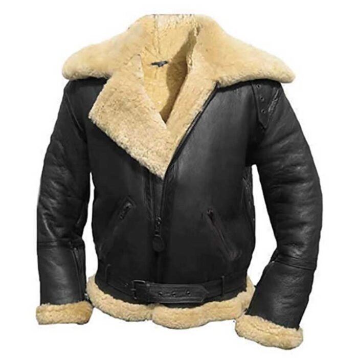 BLACK AVIATOR FUR SHEARLING GENUINE LEATHER JACKET