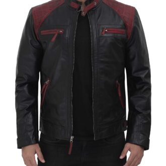 Mens Black and Maroon Quilted Cafe Racer Leather Jacket