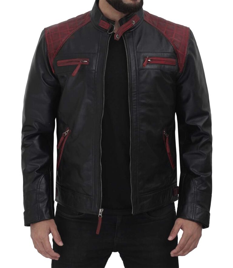 Mens Black and Maroon Quilted Cafe Racer Leather Jacket