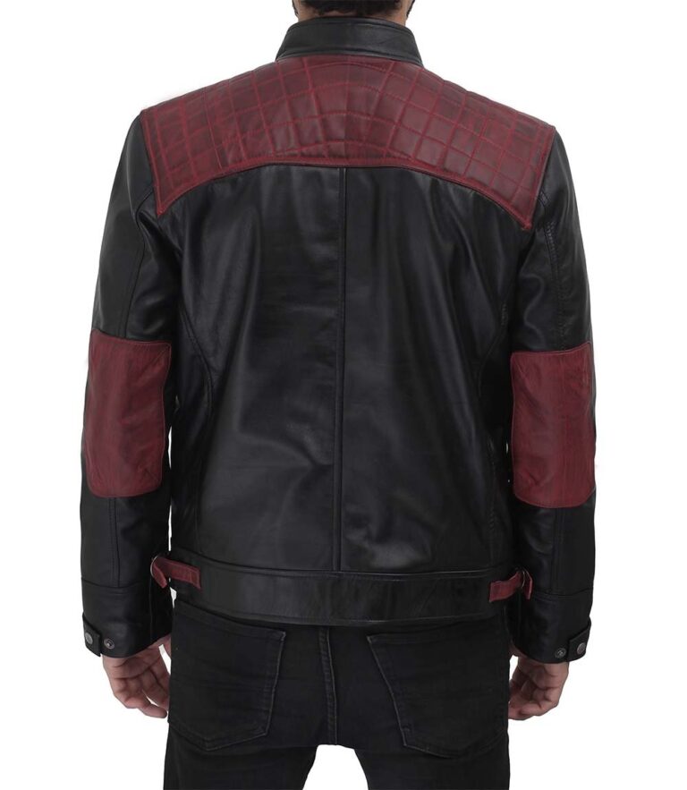 Mens Black and Maroon Quilted Cafe Racer Leather Jacket