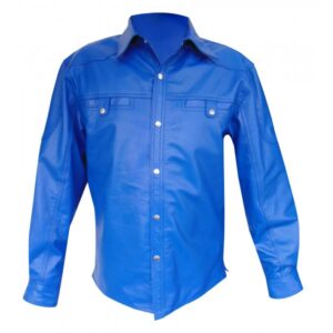 Blue Leather Shirt With Two Flap Pocket