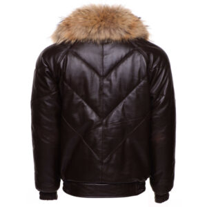 Brown V-Bomber style Puffer Winter Leather Jacket with fur Collar
