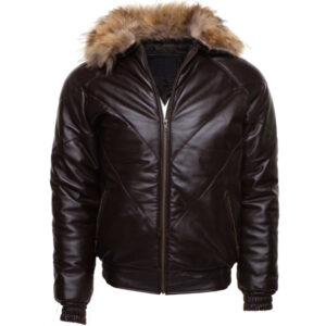 Brown V-Bomber style Puffer Winter Leather Jacket with fur Collar