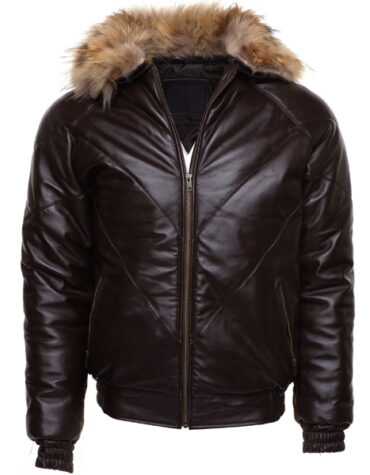 Brown V-Bomber style Puffer Winter Leather Jacket with fur Collar
