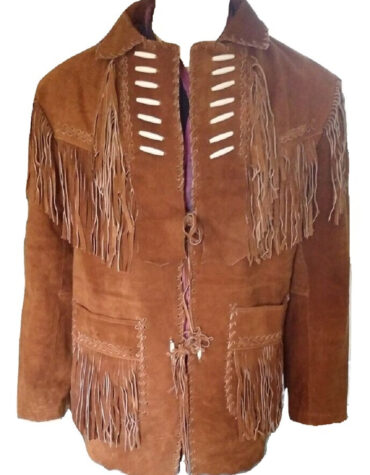 Mens Western cowboy Brown suede leather jacket with Fringes