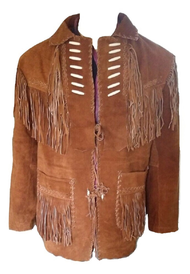 Mens Western cowboy Brown suede leather jacket with Fringes