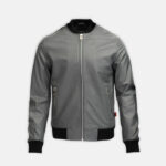 Sleek Grey Leather Victory Bomber Jacket