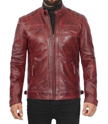 Mens Cafe Racer Maroon Leather fashion Jacket