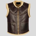 Men's Tan Brown Shearling Biker Style Real Leather Vest