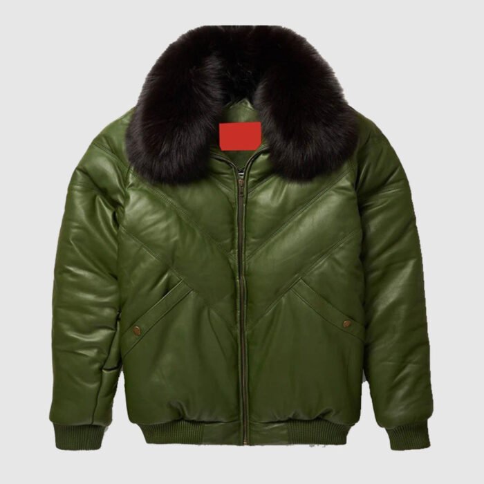 Mens green Leather V Bomber Jacket