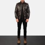 Mens Agent Shadow Brown Leather Bomber Jacket - Understated Elegance