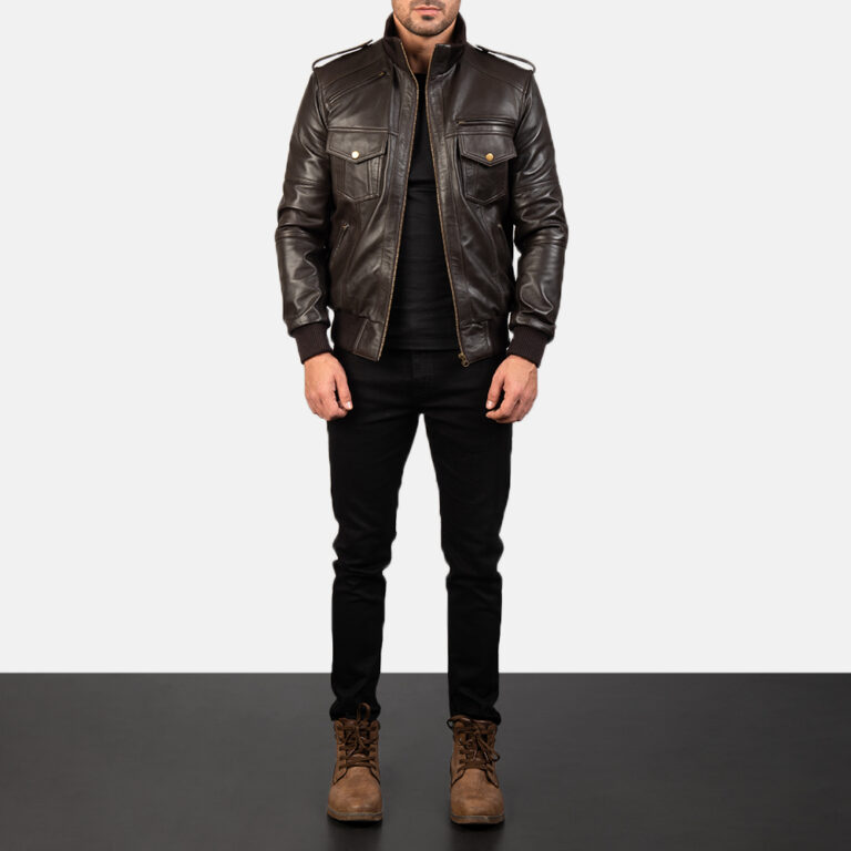 Mens Agent Shadow Brown Leather Bomber Jacket