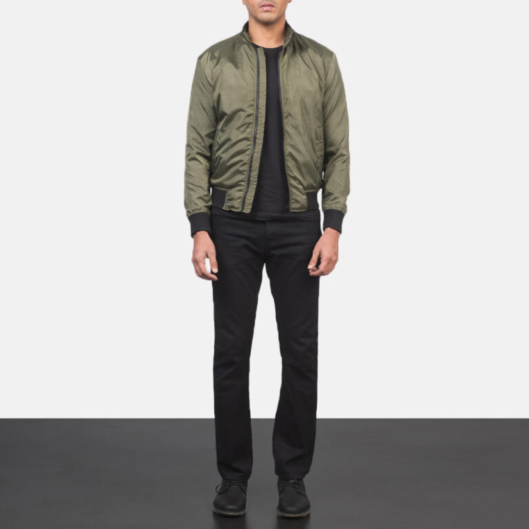 Mens Ramon Green Leather Bomber Jacket