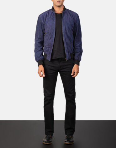 Mens Blue Suede Bomber Jacket