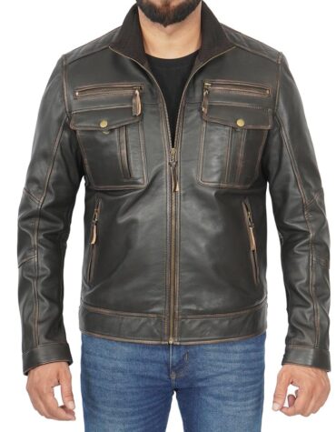 Mens Dark Brown Genuine Leather Cafe Racer Style Jacket