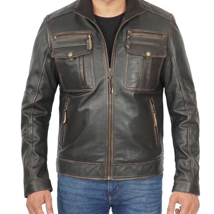 Mens Dark Brown Genuine Leather Cafe Racer Style Jacket