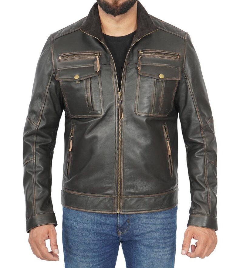 Mens Dark Brown Genuine Leather Cafe Racer Style Jacket