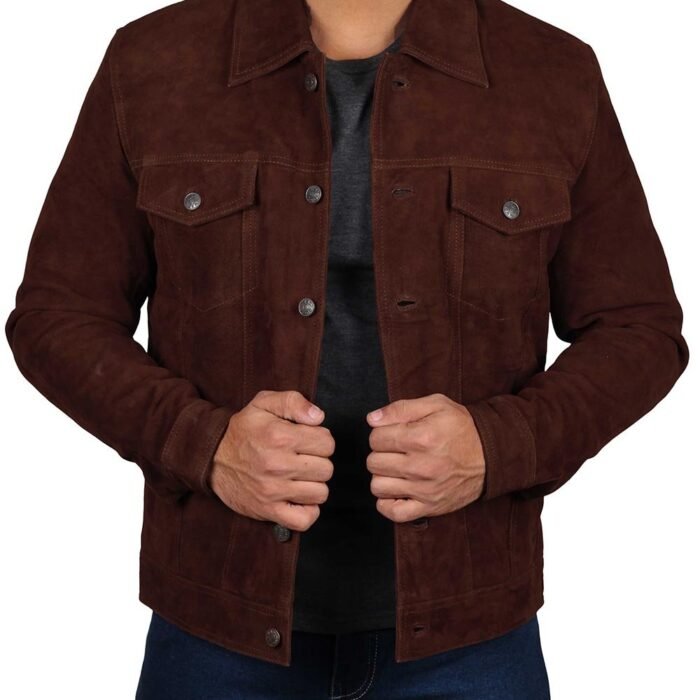 Dark Brown Suede Trucker Jacket For Men