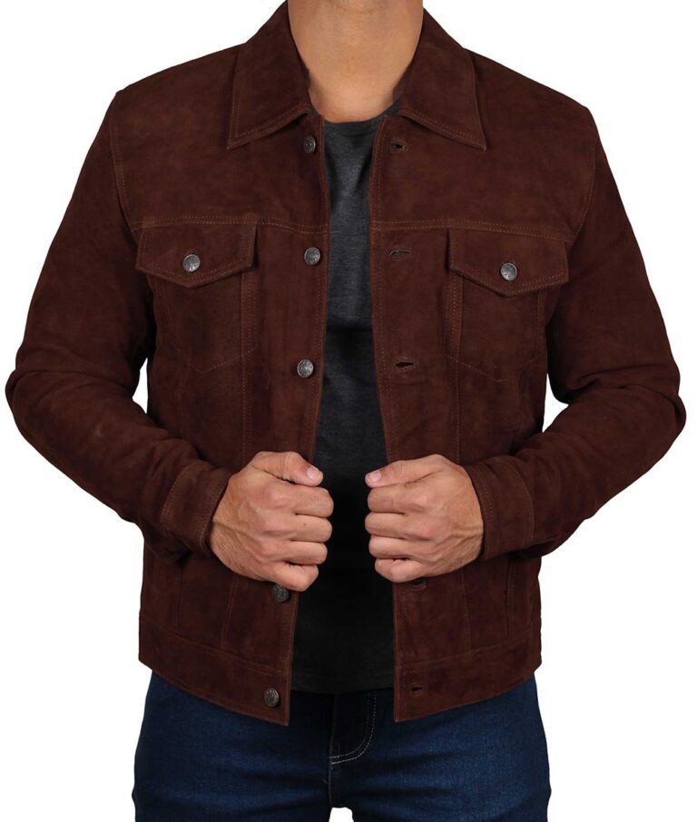 Dark Brown Suede Trucker Jacket For Men