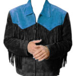 Wild West Charm Men's Suede Leather Jacket with Fringes - Cowboy Style Outerwear