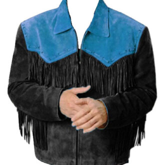 Mens Western coat cowboy suede leather jacket with Fringes Black