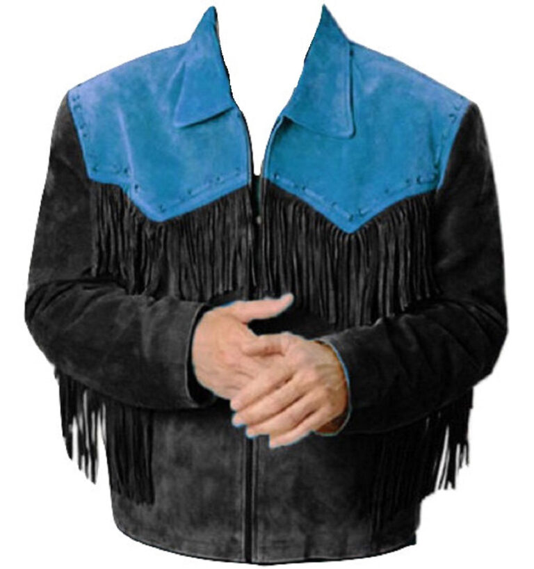 Mens Western coat cowboy suede leather jacket with Fringes Black