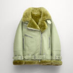 Women Light Green Aviator Styled Sheepskin Shearling Leather Jacket