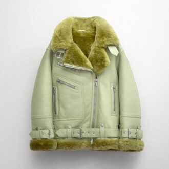 Women Light Green Aviator Styled Sheepskin Shearling Leather Jacket