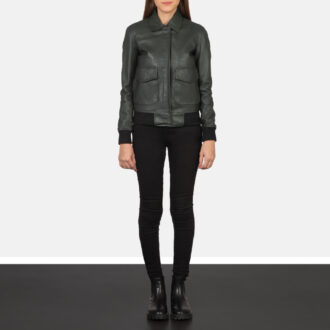 Women Green Leather Bomber Jacket