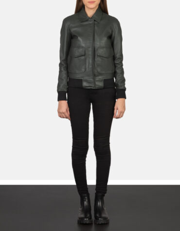 Women Green Leather Bomber Jacket