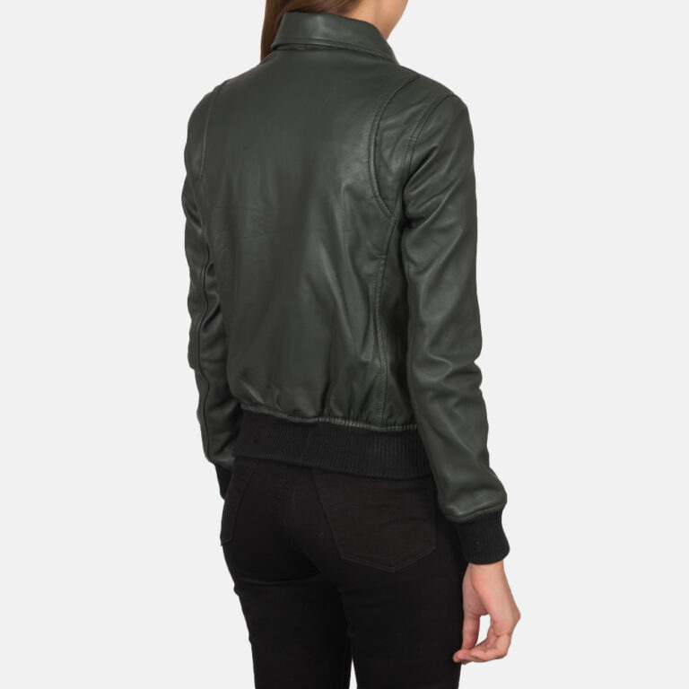 Women Green Leather Bomber Jacket