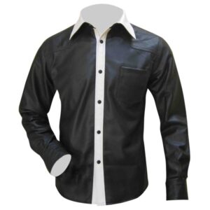 Black Leather Shirt with White Stripe On Front and white Collar