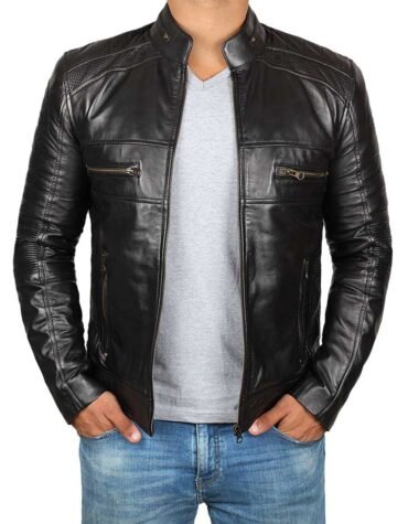 Mens Black Cafe Racer Biker Leather Jacket