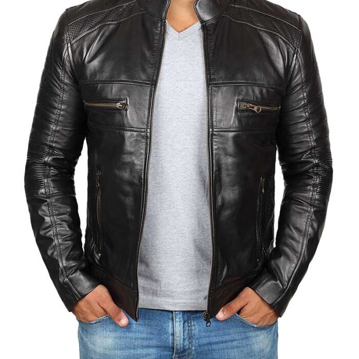 Mens Black Cafe Racer Biker Leather Jacket