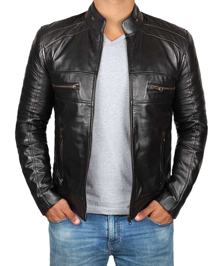 Mens Black Cafe Racer Biker Leather Jacket