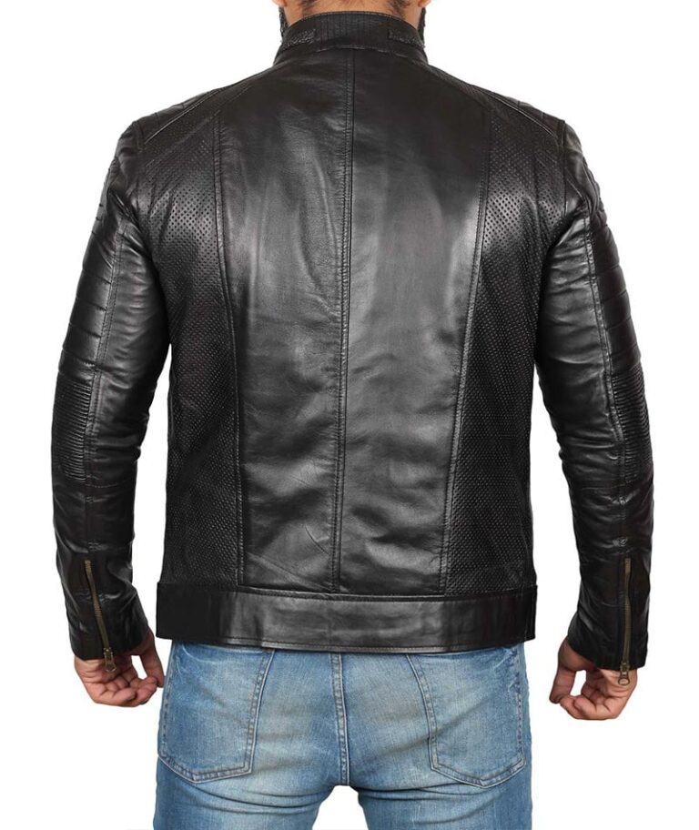 Mens Black Cafe Racer Biker Leather Jacket