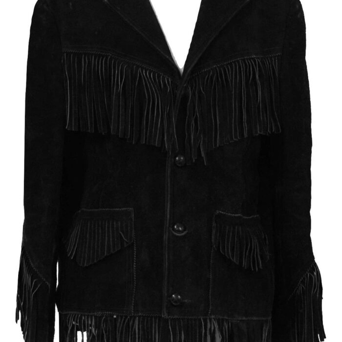 Mens Western coat cowboy suede leather jacket with Fringes Black