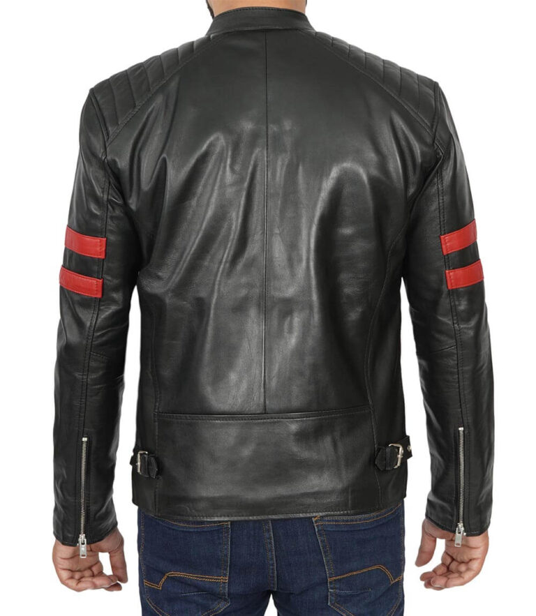 Mens Black Cafe Racer Leather Jacket with Red Stripes