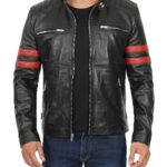 Men's Black Cafe Racer Leather Jacket with Red Stripes - Retro Edge