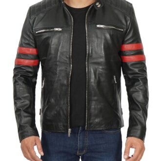 Mens Black Cafe Racer Leather Jacket with Red Stripes